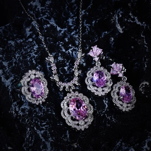 Detailed set of purple oval gemstone jewelry including necklace, ring and earrings