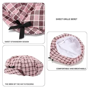 Japanese style pink plaid denim beret for women with a cute black bow decoration