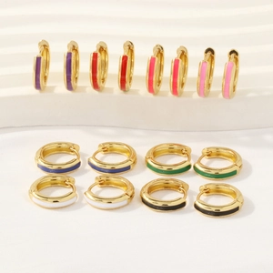 Detailed close-up of 18K gold plated hoop earrings with vibrant colorful enamel drip oil