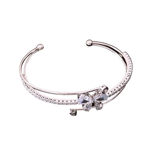 Elegant three-layer silver bangle with zircon butterfly charms and sparkling stones