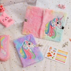 Plush unicorn A5 notebook set with rainbow fur cover, lock, pencil case and stickers
