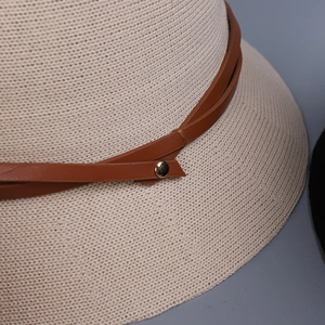 Lightweight breathable knitted bucket hat with leather buckle decoration in beige