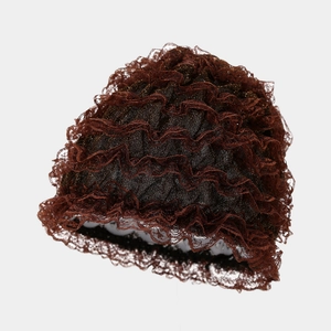Detail of dark brown layered lace turban with pleated ruffles and subtle metallic texture