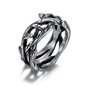 Retro stainless steel tree of life ring with vintage thorn design and polished silver finish