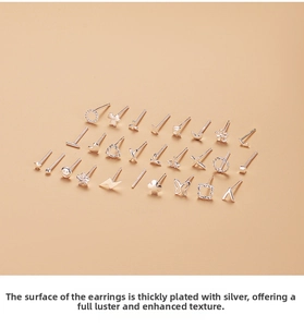 Detailed collection of S999 sterling silver stud earrings in various geometric shapes