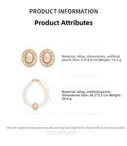 Detail of elegant pearl earring and multi-layer necklace set with golden rhinestone base