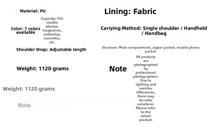 Detailed specification chart showing PU leather tote bag material, structure and weight info