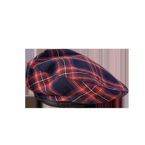 Béret écossais classique bleu marine et rouge avec bordure en cuir de style britannique