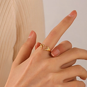 Minimalist gold heart ring with creative hand gesture design on model's finger