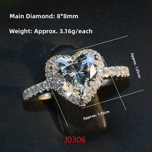 Macro shot of 8x8mm heart-shaped zircon ring with detailed measurements and polished metal