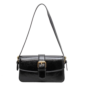 Classic black wax oil leather crossbody bag with elegant golden buckle for women