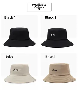 Detail of Seattle letter embroidery on cotton bucket hats in black, beige, and khaki colors