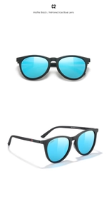 Close-up of matte black polarized sunglasses with ice blue mirrored lenses and side stripe