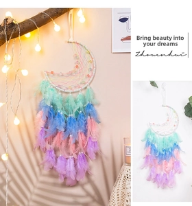 Moon dream catcher with macaron gradient feathers and warm light ambient decor