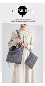 Detailed view of grey woven PU leather bucket bag set with matching inner pouch on model