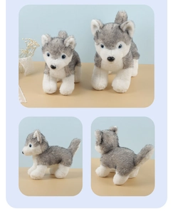 Detailed views of husky plush toy with realistic grey fur and bright blue eyes