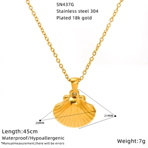 Gold stainless steel seashell necklace with 18k gold plating and waterproof features