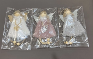 Three plush Christmas angel dolls in white, pink, and grey with glittery wings