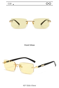 Front and side view of rimless rectangular sunglasses with yellow lenses and gold metal accents