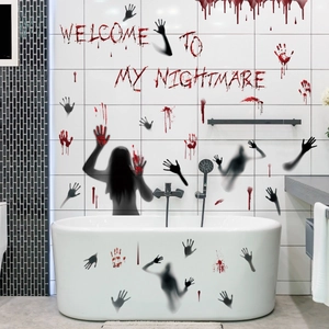 Halloween wall stickers with bloody handprints and scary ghost silhouette for bathroom