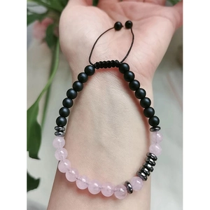 Bracelet code Morse pour couple avec cristal rose et perles noires mates, cordon réglable