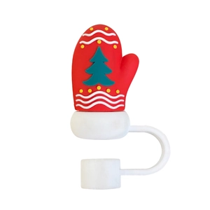 Detail of red Christmas glove silicone straw cover with green tree pattern for 10mm straws