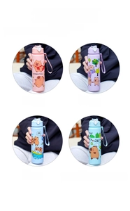 Detail of four colorful plastic water bottles with bear patterns and carry straps
