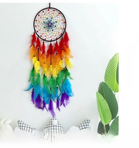 Macro shot of colorful gradient rainbow feathers and black woven dream catcher details