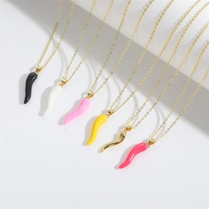 Minimalist chili pepper horn pendant necklace set with colorful enamel on thin gold chains