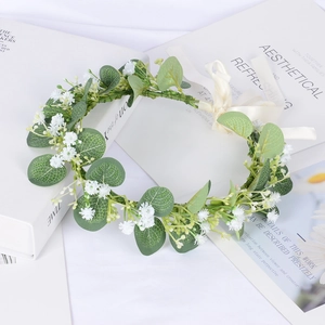 Artificial eucalyptus and babys breath flower crown with cream ribbon for weddings