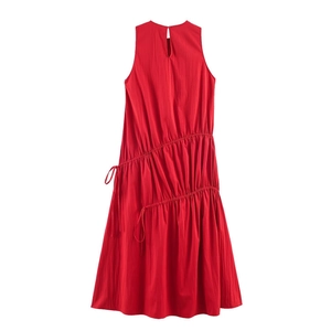 Vibrant red sleeveless midi dress featuring asymmetrical drawstring waist and pleats