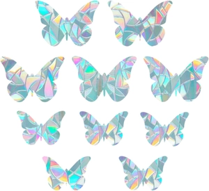 Detail showing 10 rainbow prism butterfly window clings with holographic mosaic texture