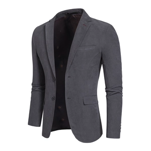 Detail of slim fit dark grey wool coat showing lapels, buttons and fabric texture