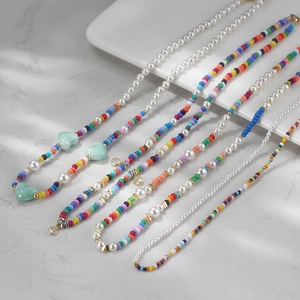 S925 sterling silver necklace set with colorful beads, faux pearls and heart pendants