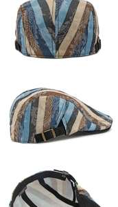 Close-up of the metal side buckle and cotton material of the striped paisley beret