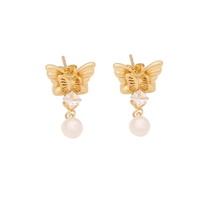 Elegant gold butterfly earrings with square zircon and white pearl drops on white background