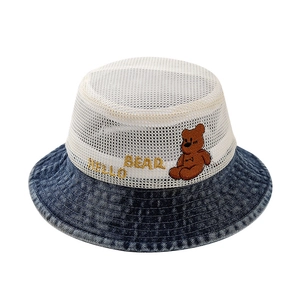 Breathable denim bucket hat with cartoon bear embroidery and mesh top for summer