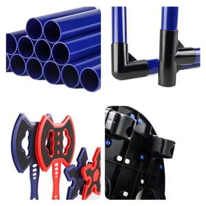 Kids target throwing game set with blue tubes, black connectors and foam axes