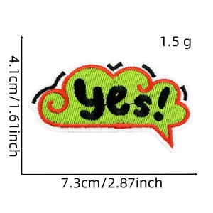 Detailed view of yes! embroidery patch with measurements 7.3cm x 4.1cm on white background