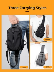Detailed views of multi-functional nylon chest bag showing crossbody and handheld modes