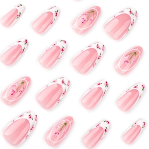 Faux ongles amande french avec pointes blanches et motifs de tulipes roses douces
