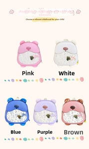 Flat lay of five colorful cartoon bear backpacks for kids with acorn detail