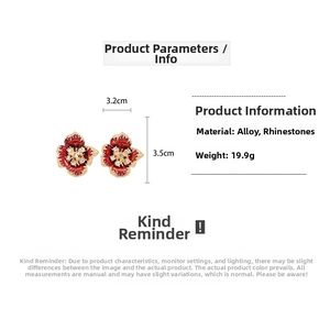 Detail view of retro red flower earrings with crystal accents and size measurements