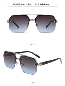 Detailed front and side views of gun color square aviator sunglasses with ash blue lenses