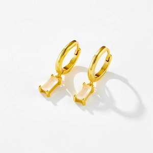 S925 sterling silver gold hoop earrings with rectangular translucent zircon pendants