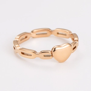 Detail of rose gold stainless steel hollow chain ring featuring a polished solid heart