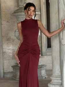 Ärmelloses Maxikleid Hoher Ausschnitt Geraffte Taille Elegantes Bodycon Einfarbig Polyester Elasthan Party Für Frauen