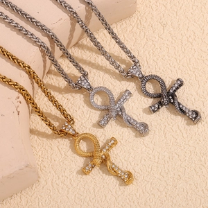 Snake Ankh Cross Pendant Necklace Stainless Steel 18K Gold Plated Rhinestone Hip Hop Egyptian Jewelry Men