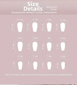 Size chart for white ballet style press-on nails showing 12 sizes with precise measurements