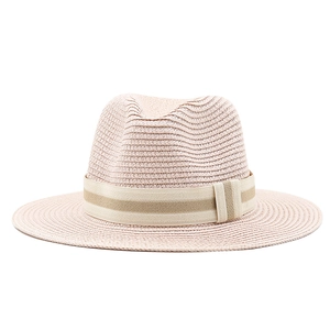 Pink straw beach hat for women with sun protection and striped decorative ribbon band